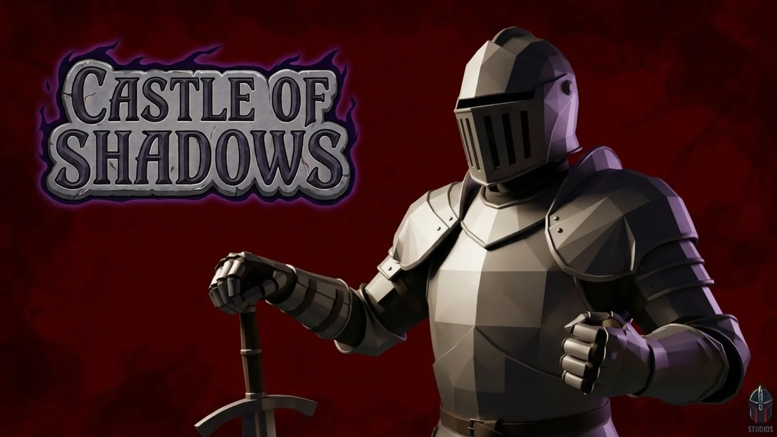 Arte de Castle of Shadows: un caballero con armadura low-poly apoyado en su espada sobre fondo rojo, junto al logo del juego