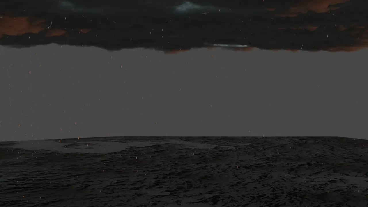 Fotograma de la escena de lluvia generada por el script en Blender