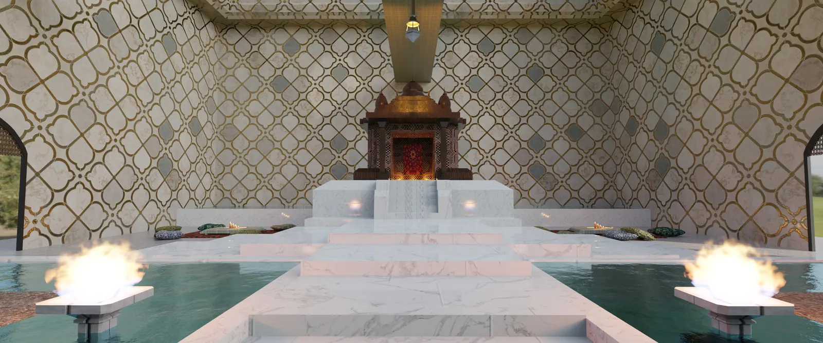 Panorámica de día del interior: estanques, braseros y el templete de madera al fondo