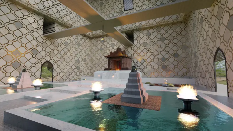 Pirámide escalonada en el centro del estanque, con luz cenital