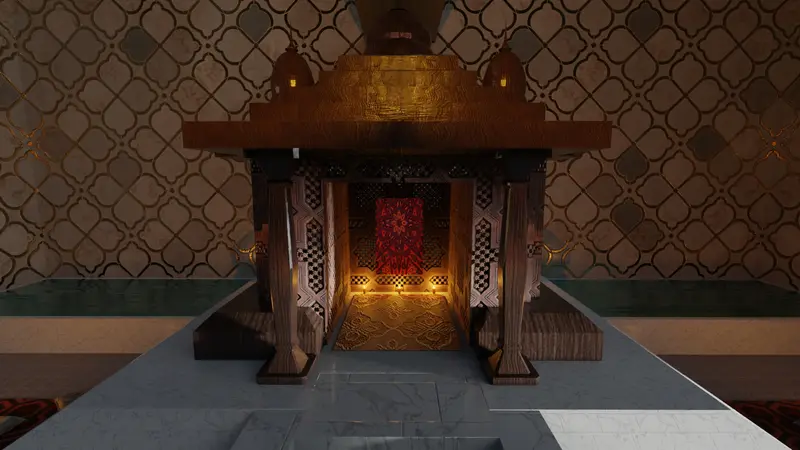 Templete de madera tallada con celosía y luz cálida interior