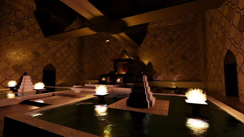La sala de noche, iluminada solo por braseros y velas