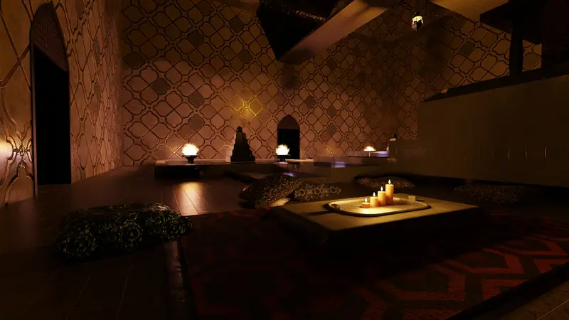 Zona de descanso de noche con velas sobre la mesa baja
