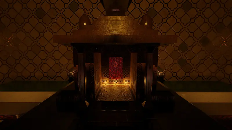 Templete de noche con el interior iluminado en rojo