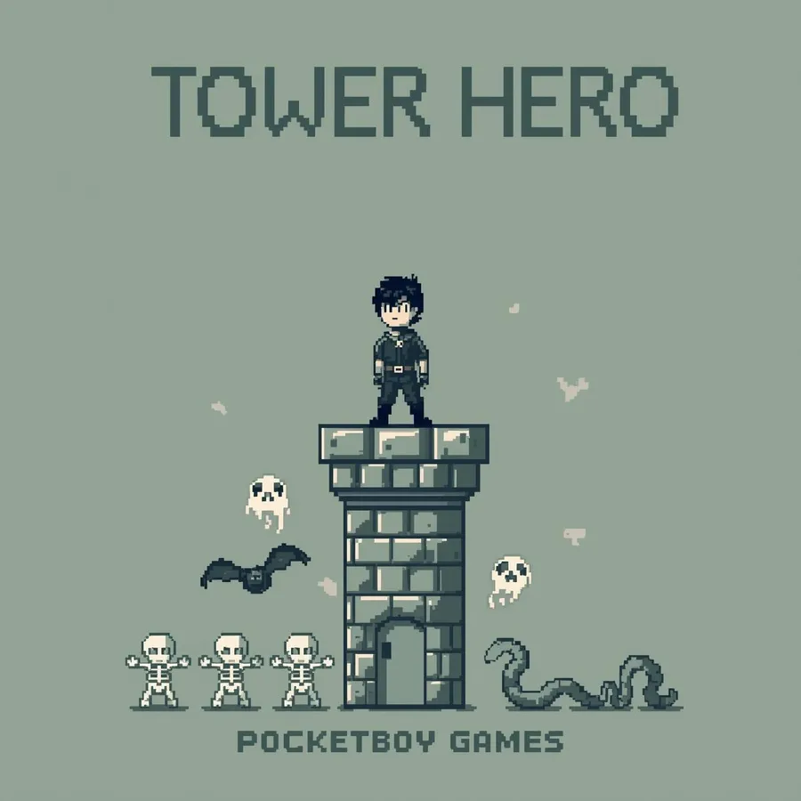 Portada de Tower Hero: un héroe en lo alto de una torre rodeado de esqueletos y murciélagos, en pixel art